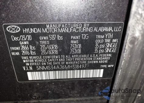 2021 Hyundai Santa Fe Sel z USA, uszkodzony, nr VIN 5NMS34AJ6MH318497